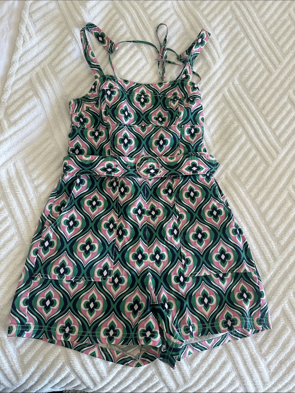 Anthropologie Green & Pink Geo-Print Romper